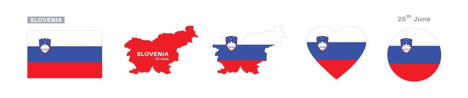 slovenia flag and map set. slovenia flag in official colors and proportions. independence day 25 june, map, circle and heart shaped slovenia vector