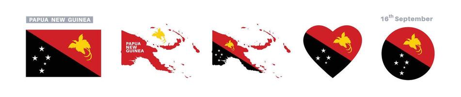papua new guinea flag and map set. papua new guineaflag in official colors and proportions. independence day 16 september , map, circle and heart shaped papua new guinea vector