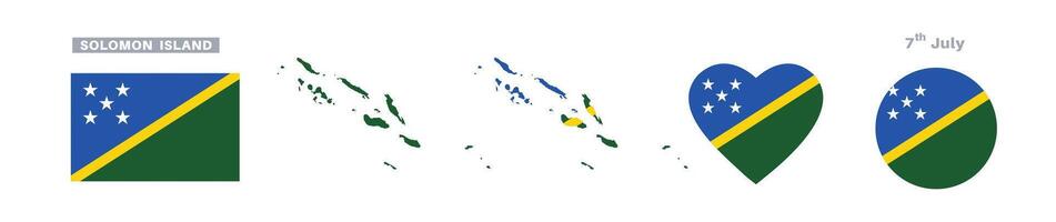 solomon island flag and map set. solomon island flag in official colors and proportions. independence day 7 july, map, circle and heart shaped solomon island vector