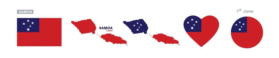 Samoa flag and map set. Samoa flag in official colors and proportions. independence day 1 june, map, circle and heart shaped Samoa vector