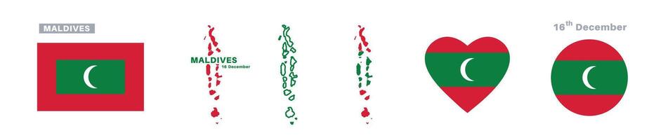 maldives flag and map set. maldives flag in official colors and proportions. independence day 16 december , map, circle and heart shaped maldives vector