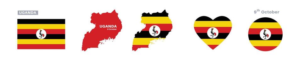 uganda flag and map set. uganda flag in official colors and proportions. independence day 9 october , map, circle and heart shaped uganda vector