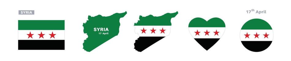 syria flag and map set. syria flag in official colors and proportions. independence day 27 april , map, circle and heart shaped syria vector