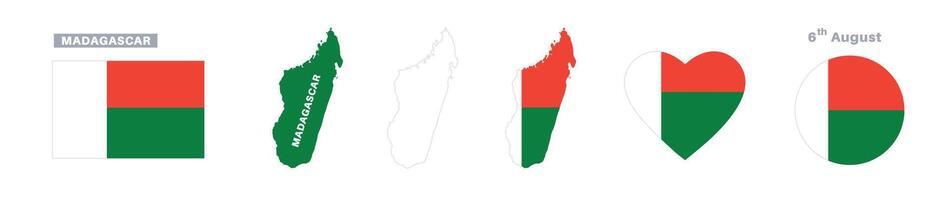 madagascar flag and map set. madagascar flag in official colors and proportions. independence day 6 august , map, circle and heart shaped madagascar vector