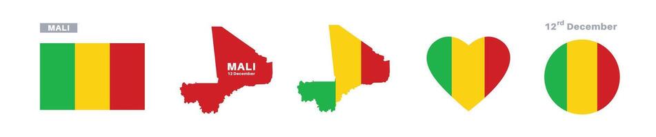 mali flag and map set. mali flag in official colors and proportions. independence day 12 december , map, circle and heart shaped mali vector