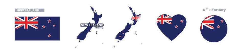 new zealand flag and map set. new zealand flag in official colors and proportions. independence day 6 february , map, circle and heart shaped new zealand vector