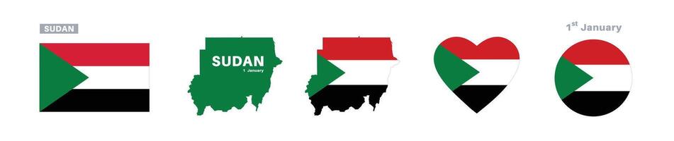 sudan flag and map set. sudan flag in official colors and proportions. independence day 1 january , map, circle and heart shaped sudan vector