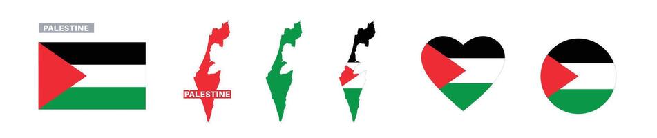 palestine flag and map set. palestine flag in official colors and proportions. independence day, map, circle and heart palestine vector