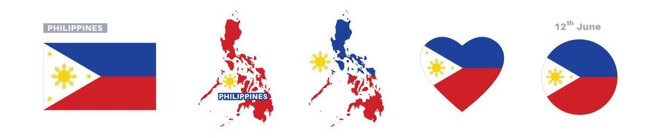 philippines flag and map set. philippines flag in official colors and proportions. independence day 12 june, map, circle and heart shaped philippines vector