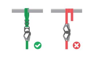 illustration of work safety dos and don'ts. improper installation of seat belts. comparison of safe and unsafe conditions. use of additional safety ropes vector