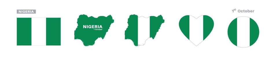 nigeria flag and map set. nigeria flag in official colors and proportions. independence day 1 october, map, circle and heart shaped nigeria vector