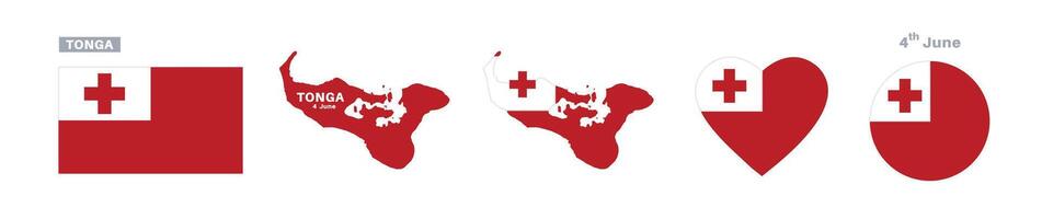 tonga flag and map set. tonga flag in official colors and proportions. independence day 4 june, map, circle and heart shaped tonga vector