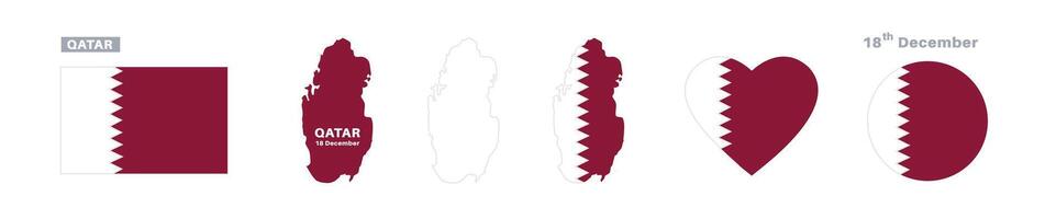 qatar flag and map set. qatar flag in official colors and proportions. independence day 18 december, map, circle and heart shaped qatar vector
