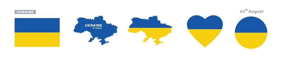 ukraine flag and map set. ukraine flag in official colors and proportions. independence day 24 august, map, circle and heart shaped ukraine vector