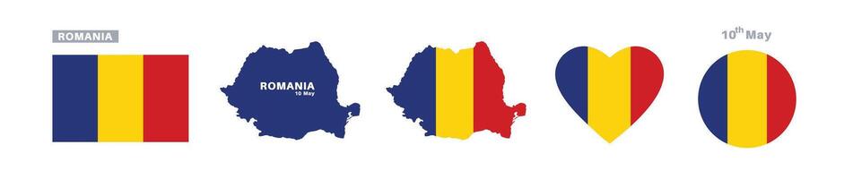 romania flag and map set. romania flag in official colors and proportions. independence day 10 may, map, circle and heart shaped romania vector