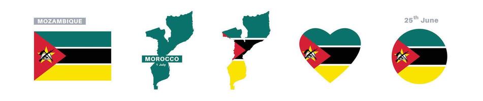 mozambique flag and map set. mozambique flag in official colors and proportions. independence day 25 february , map, circle and heart shaped mozambique vector