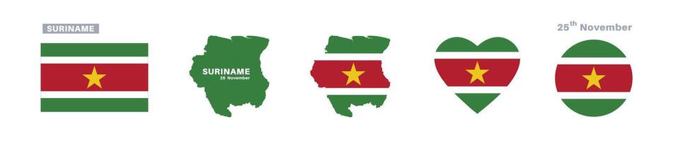 suriname flag and map set. suriname flag in official colors and proportions. independence day 25 november , map, circle and heart shaped suriname vector