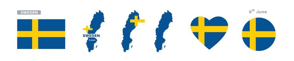 sweden flag and map set. sweden flag in official colors and proportions. independence day 6 june, map, circle and heart shaped sweden vector