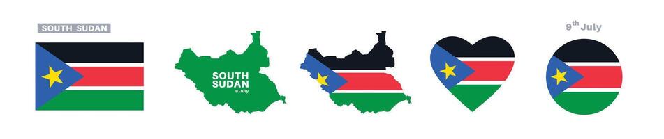 south sudan flag and map set. south sudanflag in official colors and proportions. independence day 9 july, map, circle and heart shaped south sudan vector