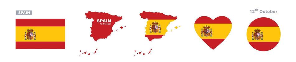 spain flag and map set. spain flag in official colors and proportions. independence day 12 october, map, circle and heart shaped spain vector