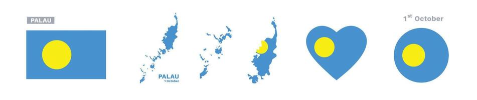 palau flag and map set. palau flag in official colors and proportions. independence day 1 october, map, circle and heart shaped palau vector