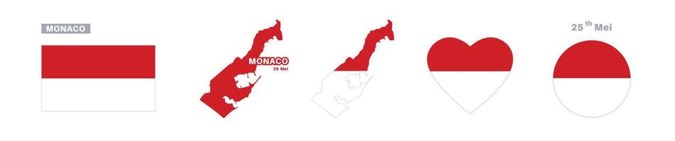 monaco flag and map set. monaco flag in official colors and proportions. independence day 25 mei , map, circle and heart shaped monaco vector