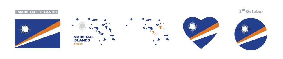 marshall island flag and map set. marshall island flag in official colors and proportions. independence day 3 october , map, circle and heart shaped marshall island vector