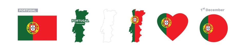 portugal flag and map set. portugal flag in official colors and proportions. independence day 1 december, map, circle and heart shaped portugal vector