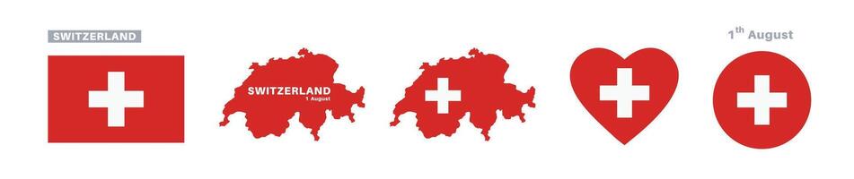 switzerland flag and map set. switzerland flag in official colors and proportions. independence day 1 august, map, circle and heart shaped switzerland vector