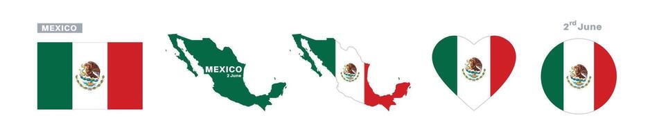 mexico flag and map set. mexico flag in official colors and proportions. independence day 2 june, map, circle and heart shaped mexico vector
