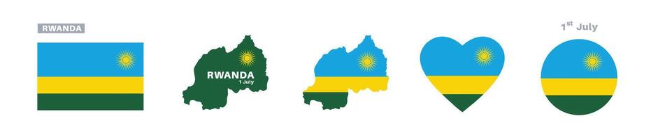 rwanda flag and map set. rwanda flag in official colors and proportions. independence day 1 july, map, circle and heart shaped rwanda vector