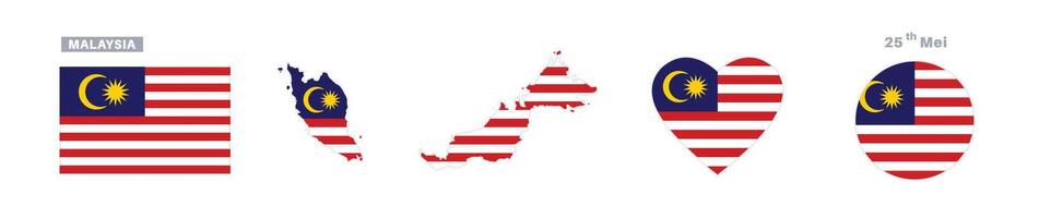 malaysia flag and map set. malaysia flag in official colors and proportions. independence day 25 may, map, circle and heart shaped malaysia vector