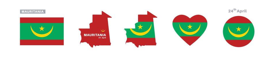mauritania flag and map set. mauritania flag in official colors and proportions. independence day 24 april , map, circle and heart shaped mauritania vector