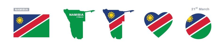 Namibia flag and map set. Namibia flag in official colors and proportions. independence day 21 march , map, circle and heart shaped Namibia vector