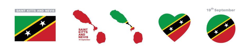 saint kitts and nevis flag and map set. saint kitts and nevis flag in official colors and proportions. independence day 19 september, map, circle and heart shaped saint kitts and nevis vector