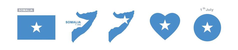 somalia flag and map set. somalia flag in official colors and proportions. independence day 1 july, map, circle and heart shaped somalia vector