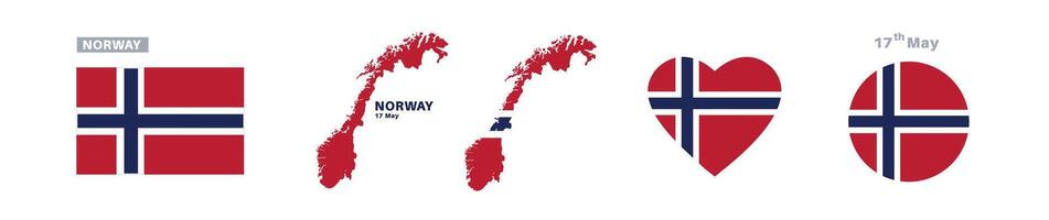 norway flag and map set. norway flag in official colors and proportions. independence day 17 may , map, circle and heart shaped norway vector