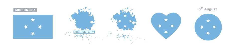 micronesia flag and map set. micronesia flag in official colors and proportions. independence day 6 august, map, circle and heart shaped micronesia vector