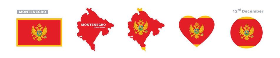 montenegro flag and map set. montenegro flag in official colors and proportions. independence day 12 december, map, circle and heart shaped montenegro vector