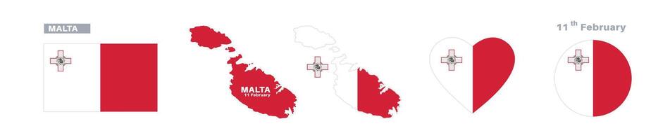 malta flag and map set. malta flag in official colors and proportions. independence day 11 february , map, circle and heart shaped malta vector
