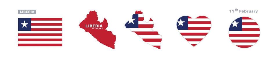 liberia flag and map set. liberia flag in official colors and proportions. independence day 11 february , map, circle and heart shaped liberia vector