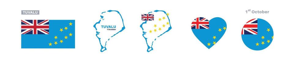 tuvalu flag and map set. tuvalu flag in official colors and proportions. independence day 1 october, map, circle and heart shaped tuvalu vector