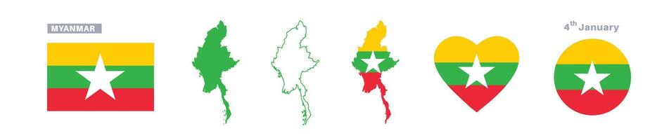 myanmar flag and map set. myanmar flag in official colors and proportions. independence day 4 january , map, circle and heart shaped myanmar vector