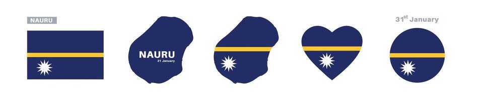 Nauru flag and map set. Nauru flag in official colors and proportions. independence day 31 january , map, circle and heart shaped nauru vector