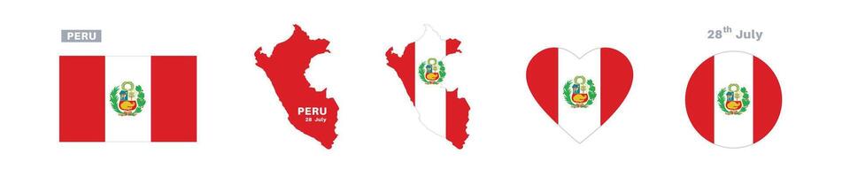 peru flag and map set. peru flag in official colors and proportions. independence day 28 july, map, circle and heart shaped peru vector