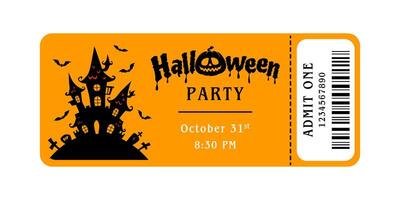 Halloween party ticket. template for admission pass or invitation. Coupon with ghosts castle and bats vector