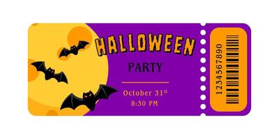 Halloween party ticket. template for admission pass or invitation. Coupon with moon and bats vector
