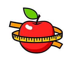 Red apple and measuring tape. Slim figure concept. Fitness and diet icon vector