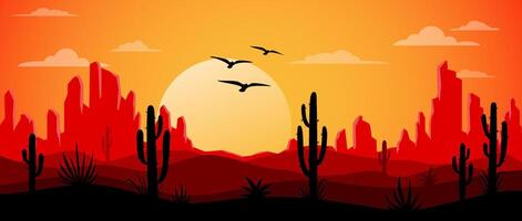 Landscape with desert, cactus and birds vector