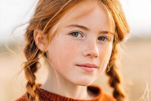 Young girl with braided red hair, wearing a cozy sweater, gazes thoughtfully at the camera in a sunlit field, capturing a moment of innocence and natural beauty photo